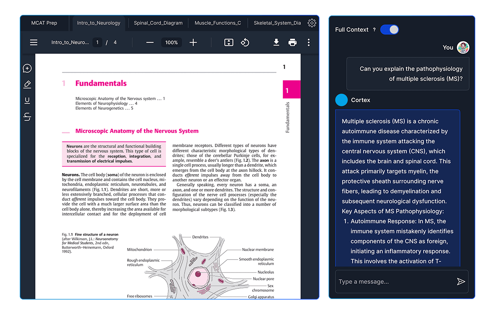 AI study assistant interface summarizing documents