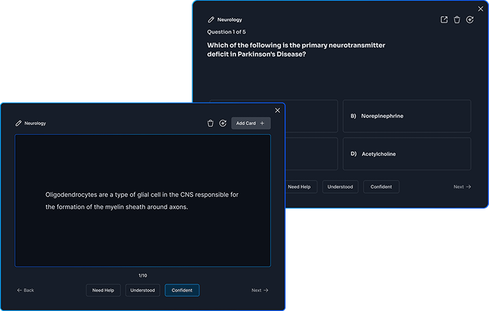 Screenshot of Learning Cortex organizing study materials into flashcards and quizzes